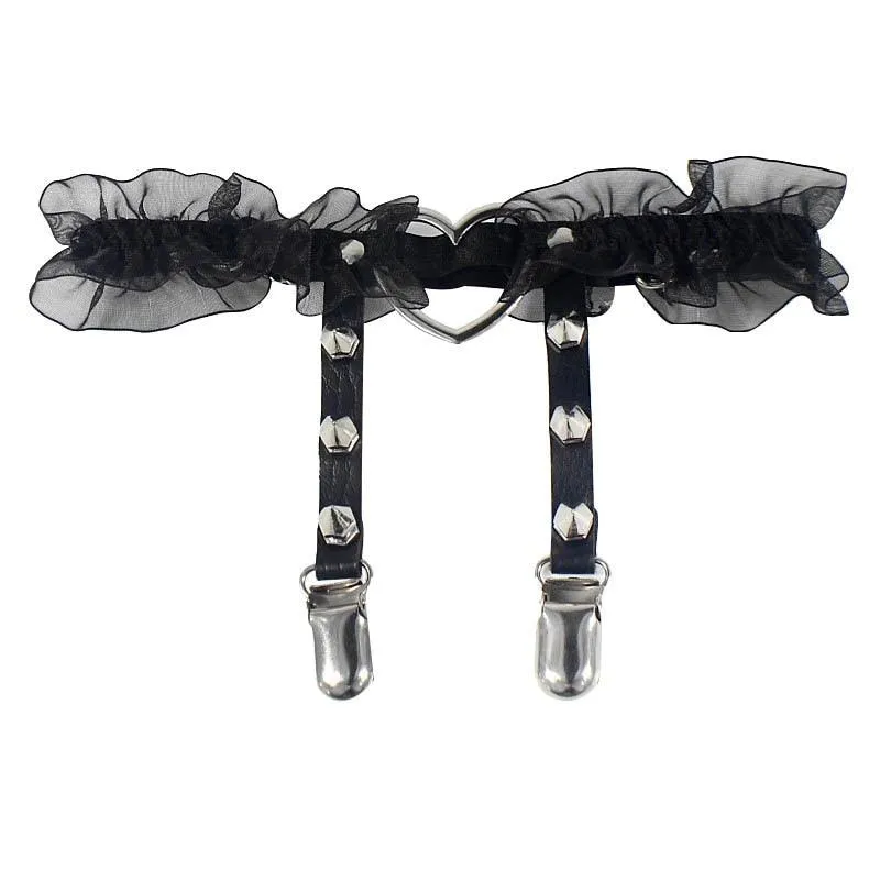 Get Edgy with Our Sexy Punk Garters Spike Gothic Heart-shape Buckle Elastic Lace Garter Belt