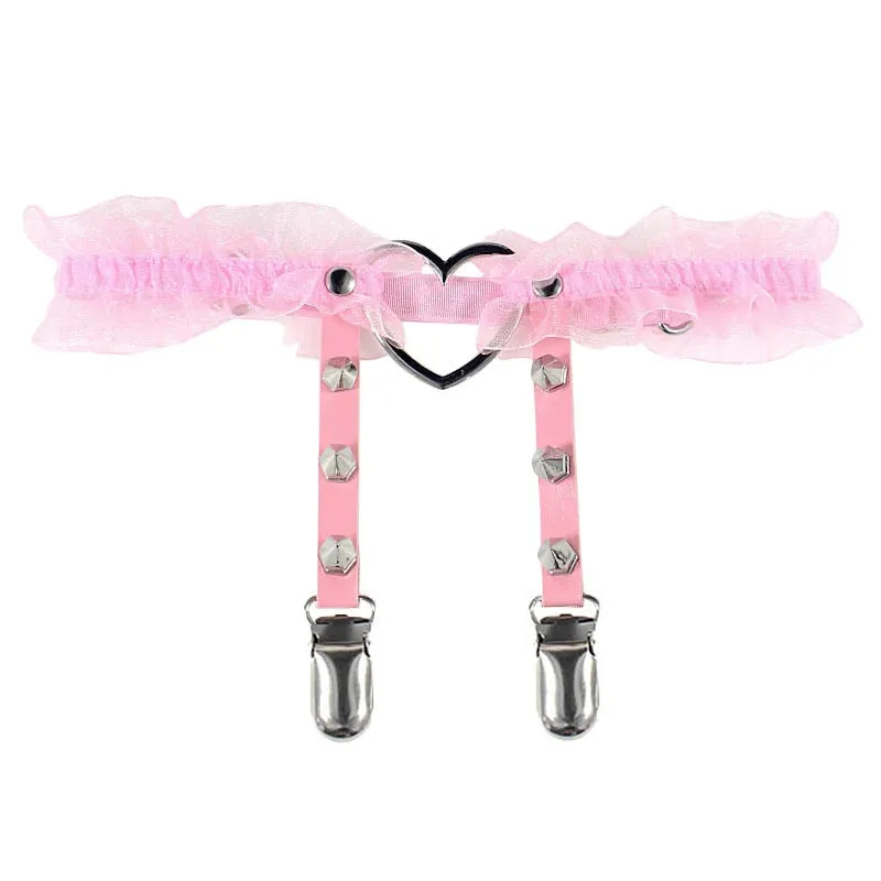 Get Edgy with Our Sexy Punk Garters Spike Gothic Heart-shape Buckle Elastic Lace Garter Belt