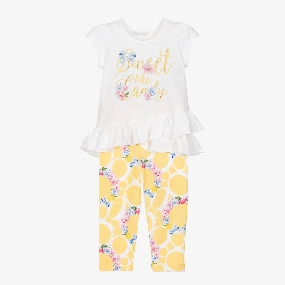 Girls Yellow Cotton Floral Leggings Set