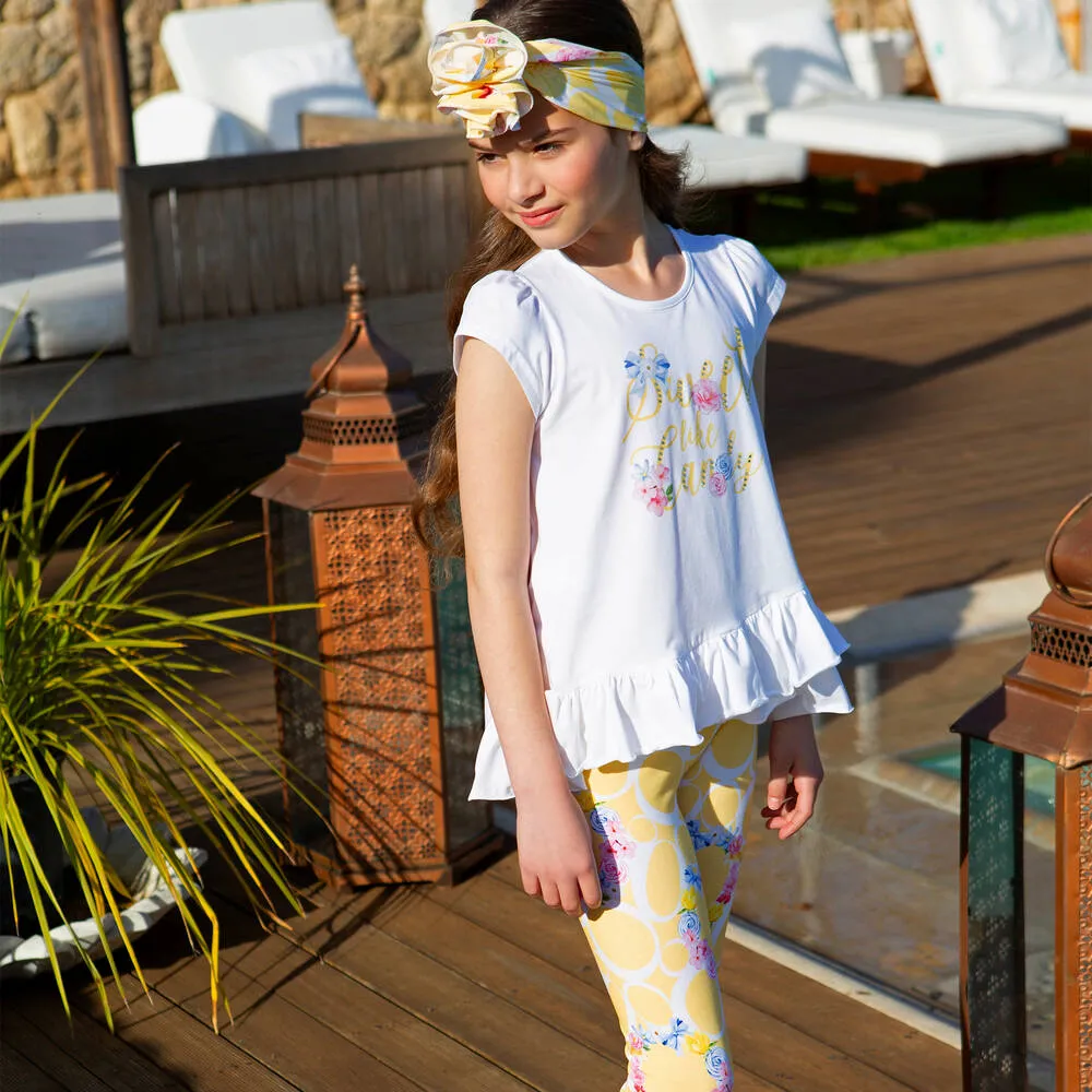 Girls Yellow Cotton Floral Leggings Set