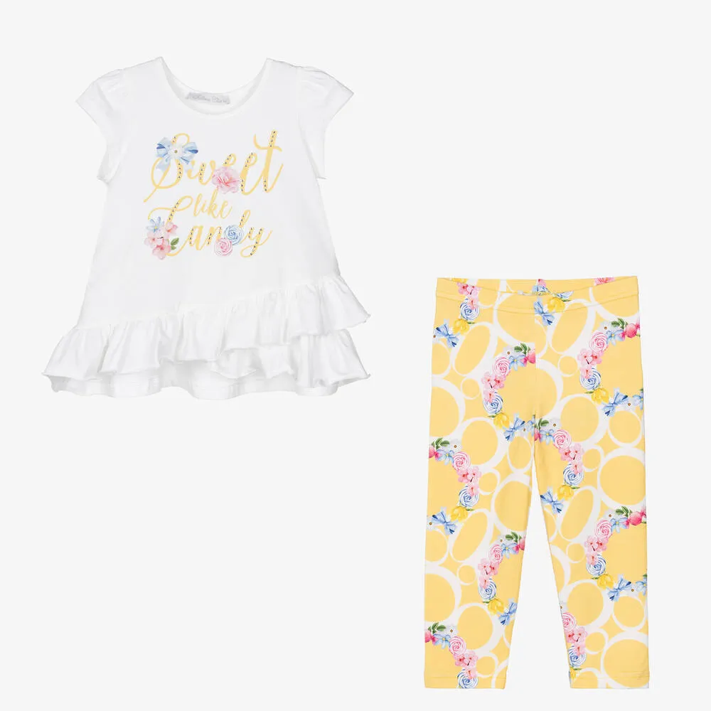 Girls Yellow Cotton Floral Leggings Set