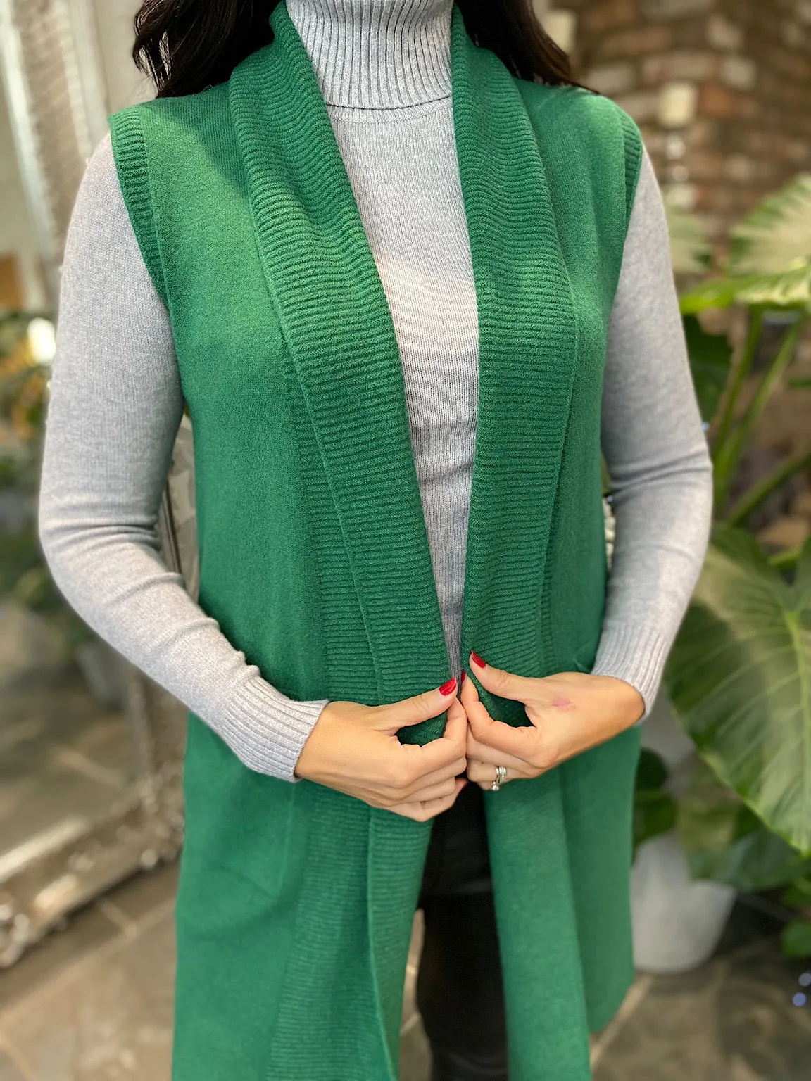 Green Ribbed Edge Sleeveless Cardigan Sam