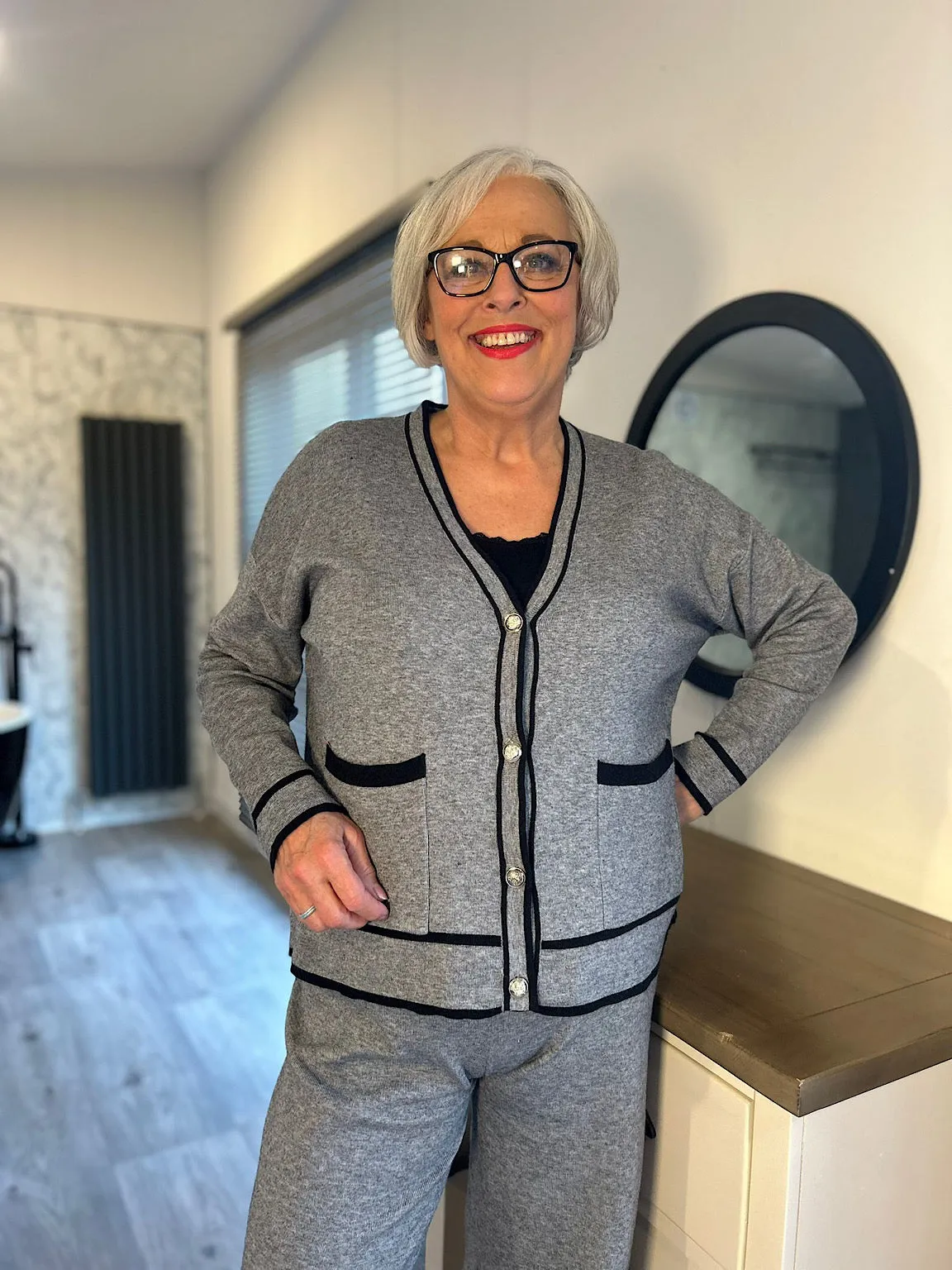 Grey Luxury Button Cardigan Set Cher