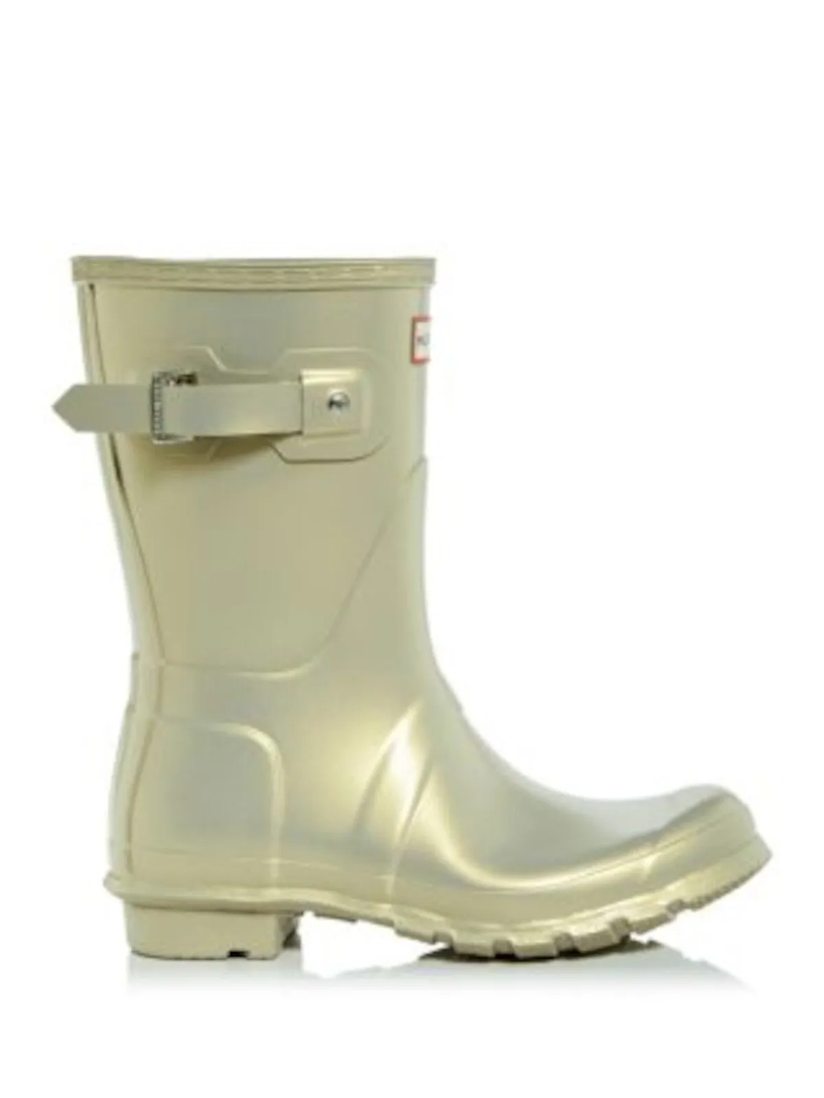 HUNTER Womens Gold Metallic Logo Buckle Accent Padded Short Nebula Round Toe Rain Boots