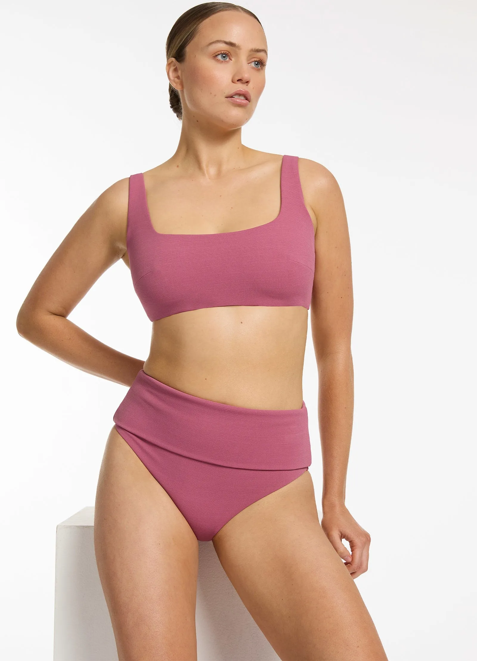 Isla Rib Fold Down High Waisted Bikini Bottom - Mauve