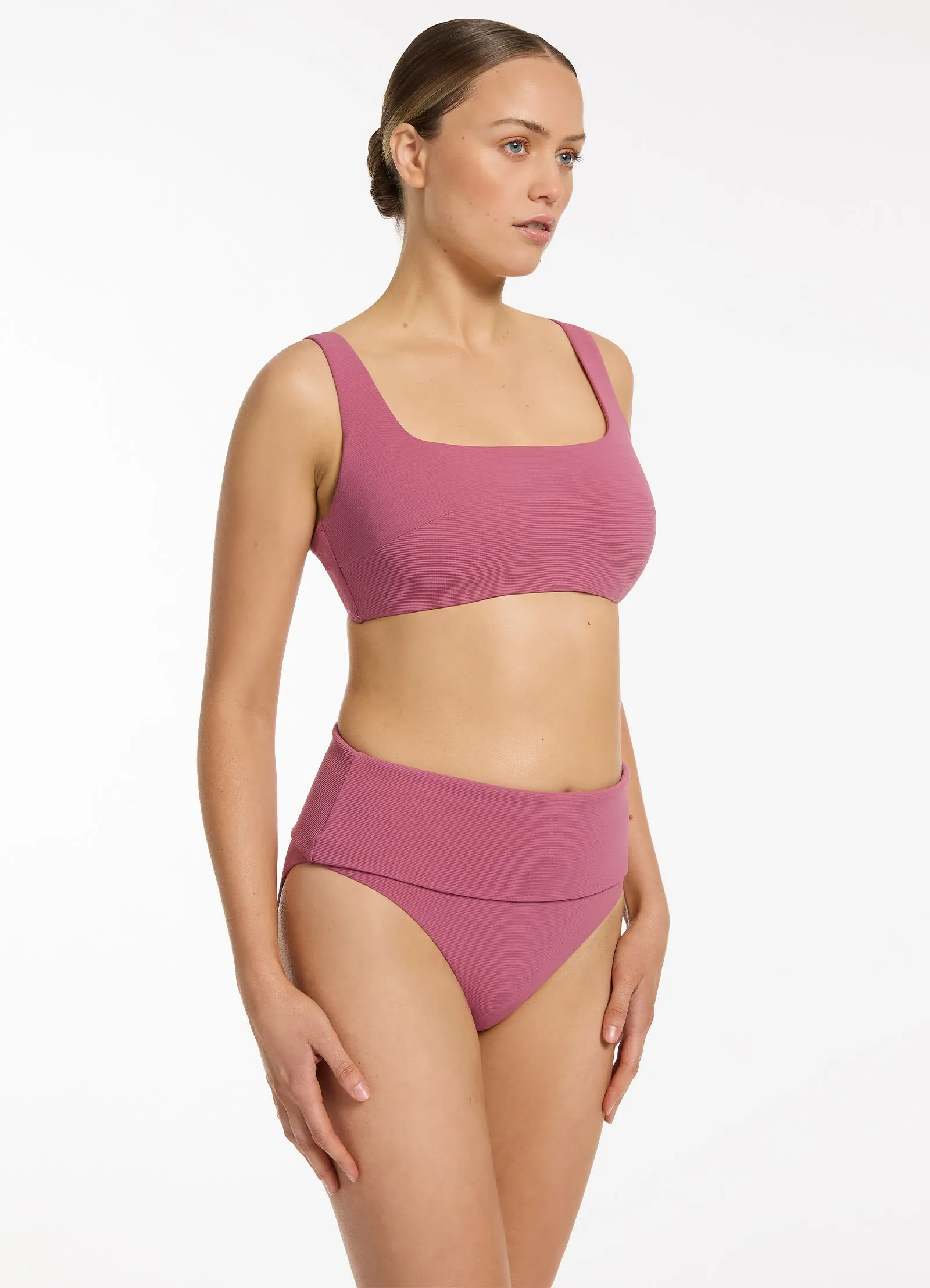 Isla Rib Fold Down High Waisted Bikini Bottom - Mauve