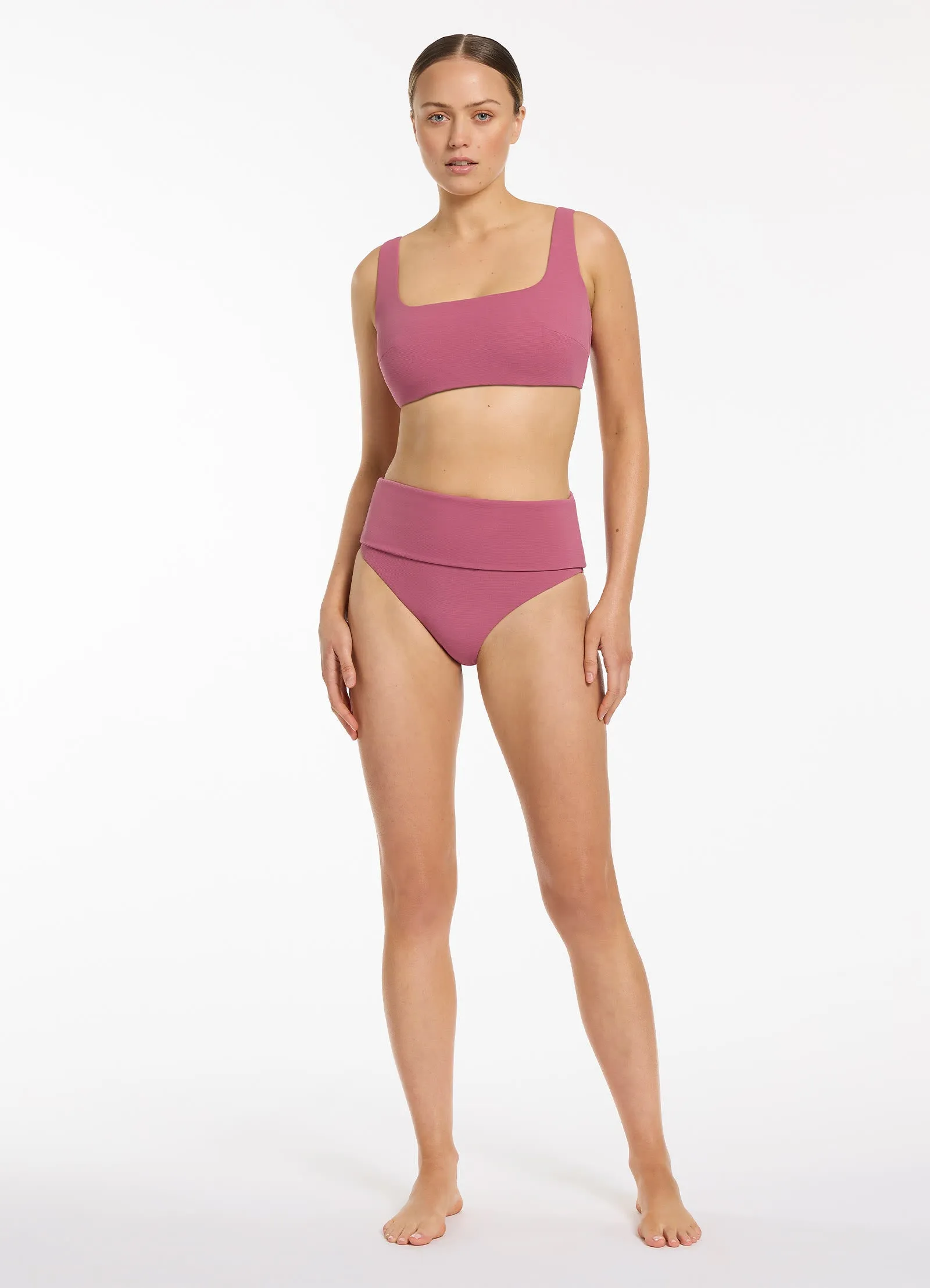 Isla Rib Fold Down High Waisted Bikini Bottom - Mauve