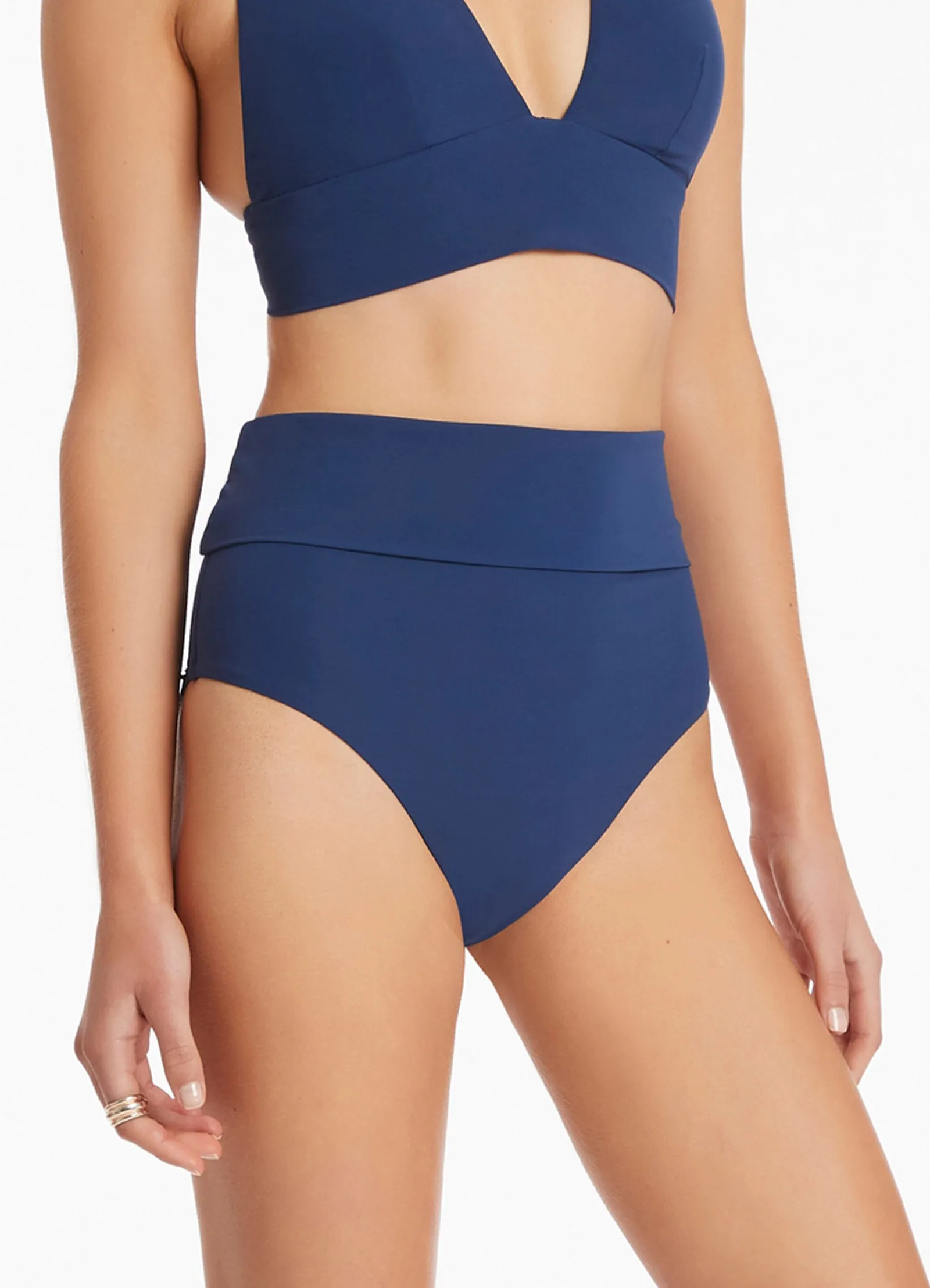 Jetset Fold Down High Waisted Bikini Bottom - Pacific Blue