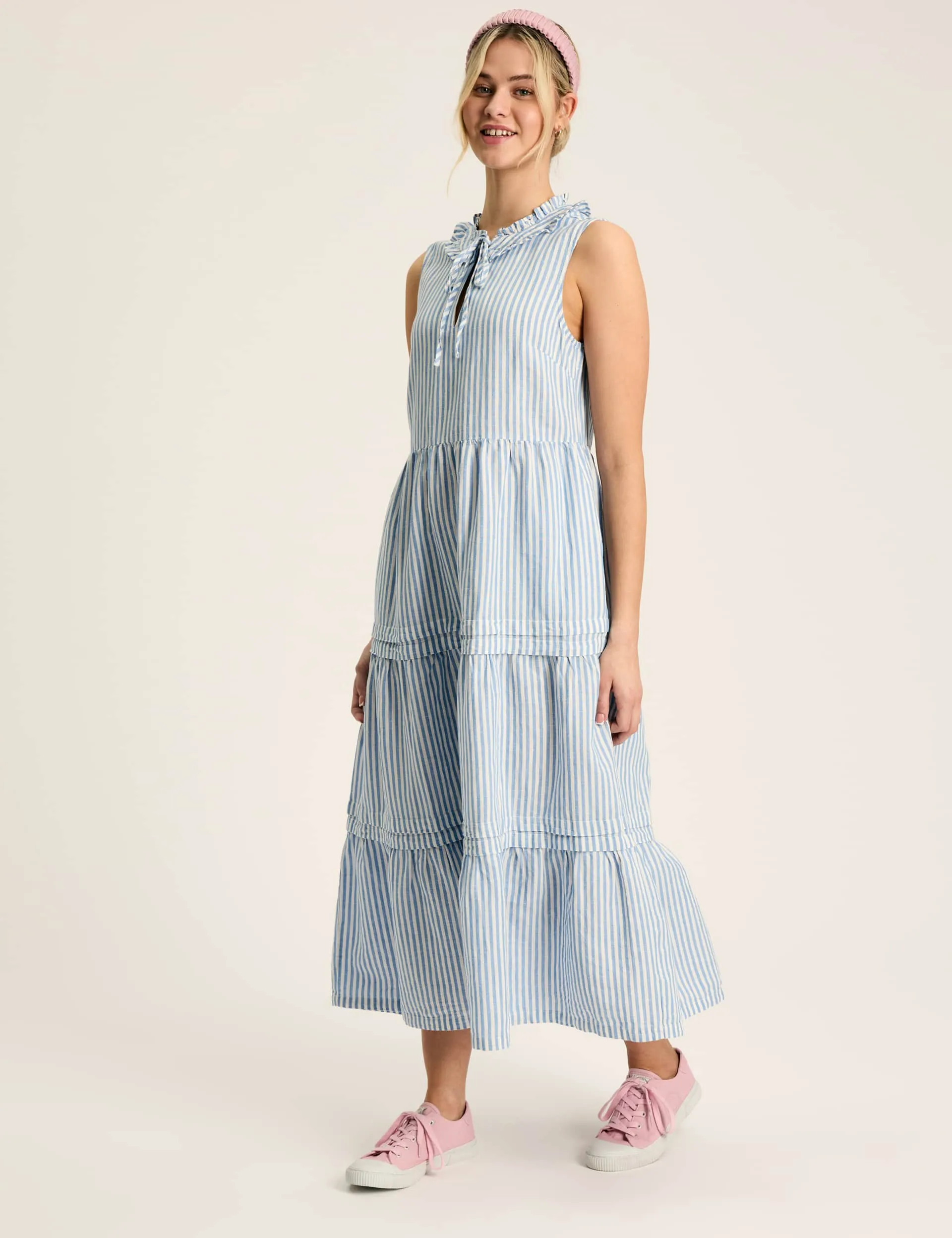 Joules Women's Linen Blend Striped Midaxi Tiered Dress - 14 - Blue Mix, Blue Mix