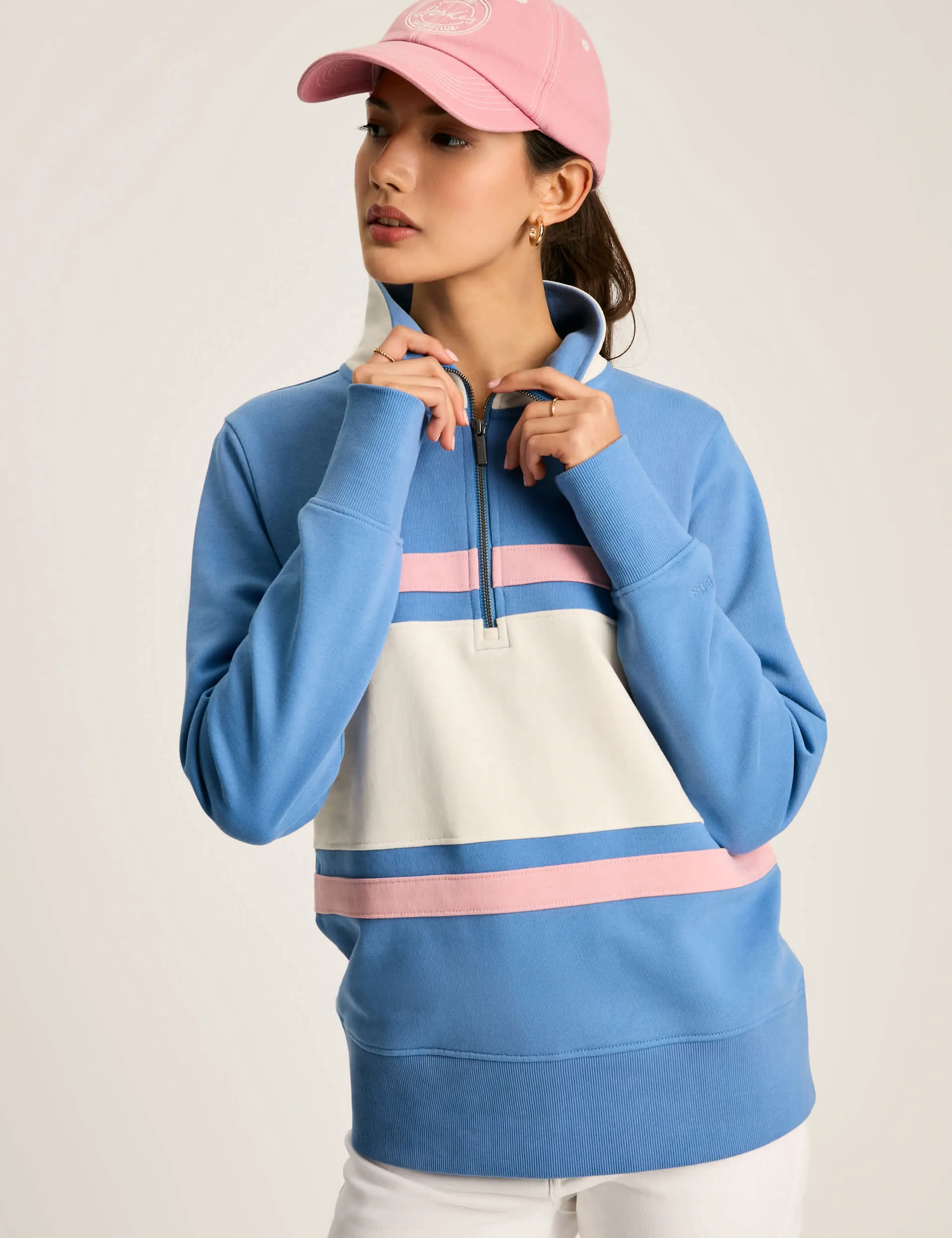 Joules Women's Pure Cotton Collared Half Zip Sweatshirt - 8 - Blue Mix, Green Mix,Blue Mix