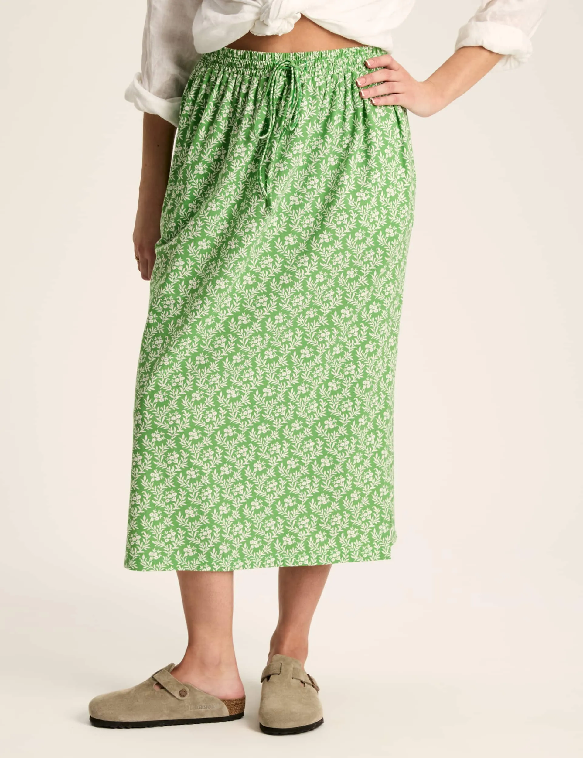 Joules Women's Pure Cotton Floral Drawstring Midi Skirt - 12 - Green Mix, Green Mix,Blue Mix