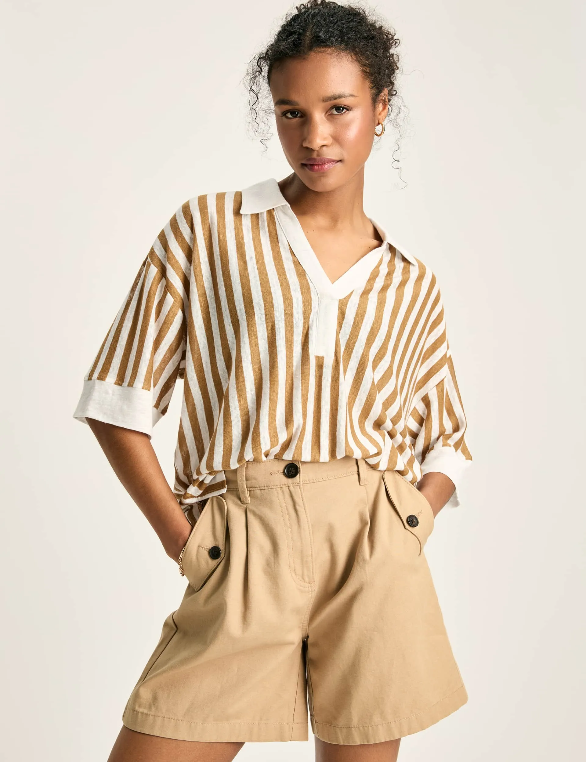 Joules Women's Pure Linen Striped Polo Shirt - 12 - Brown Mix, Brown Mix