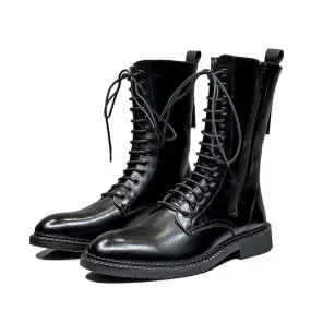 Leather Biker Boots / Mid-calf Military Combat Boots / Gothic Rock Style Shoes