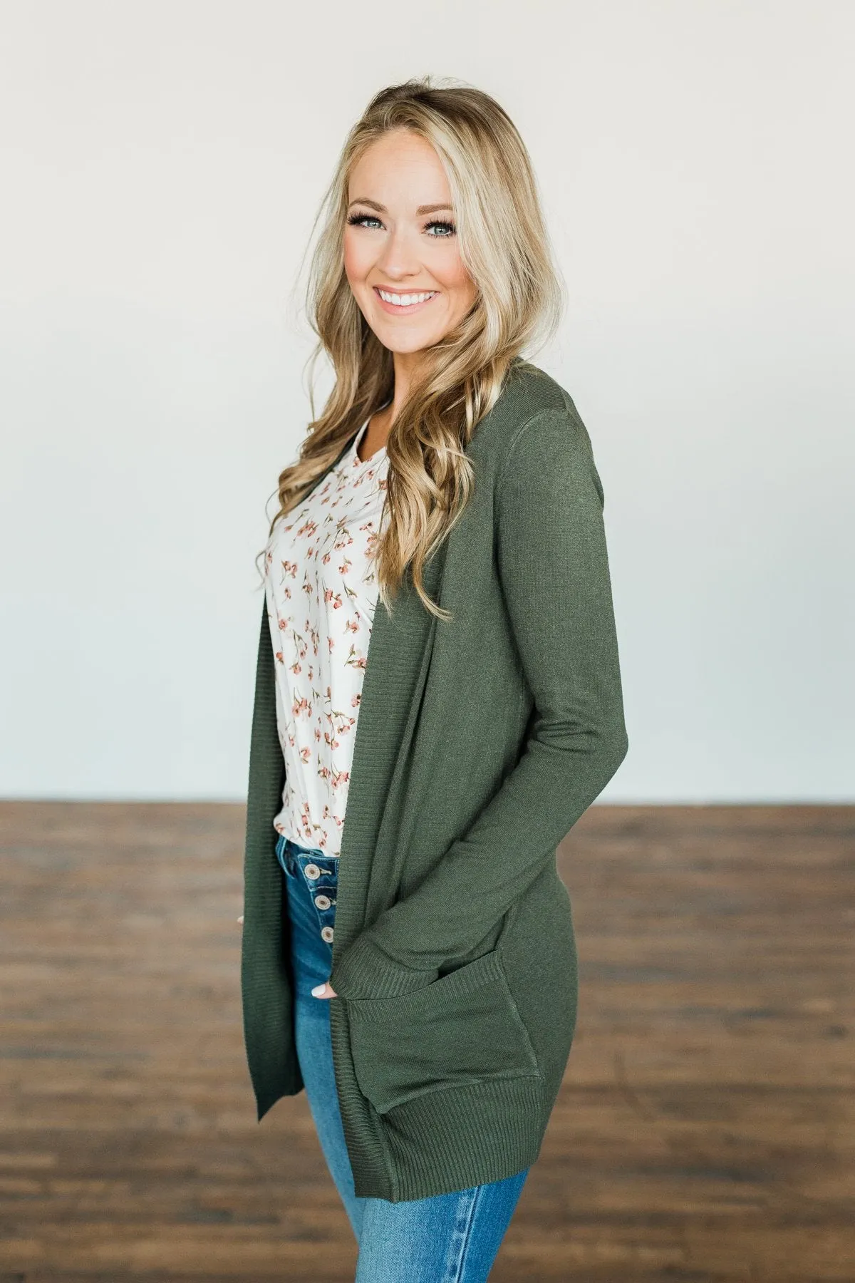 Light Weight Open Front Cardigan- Olive