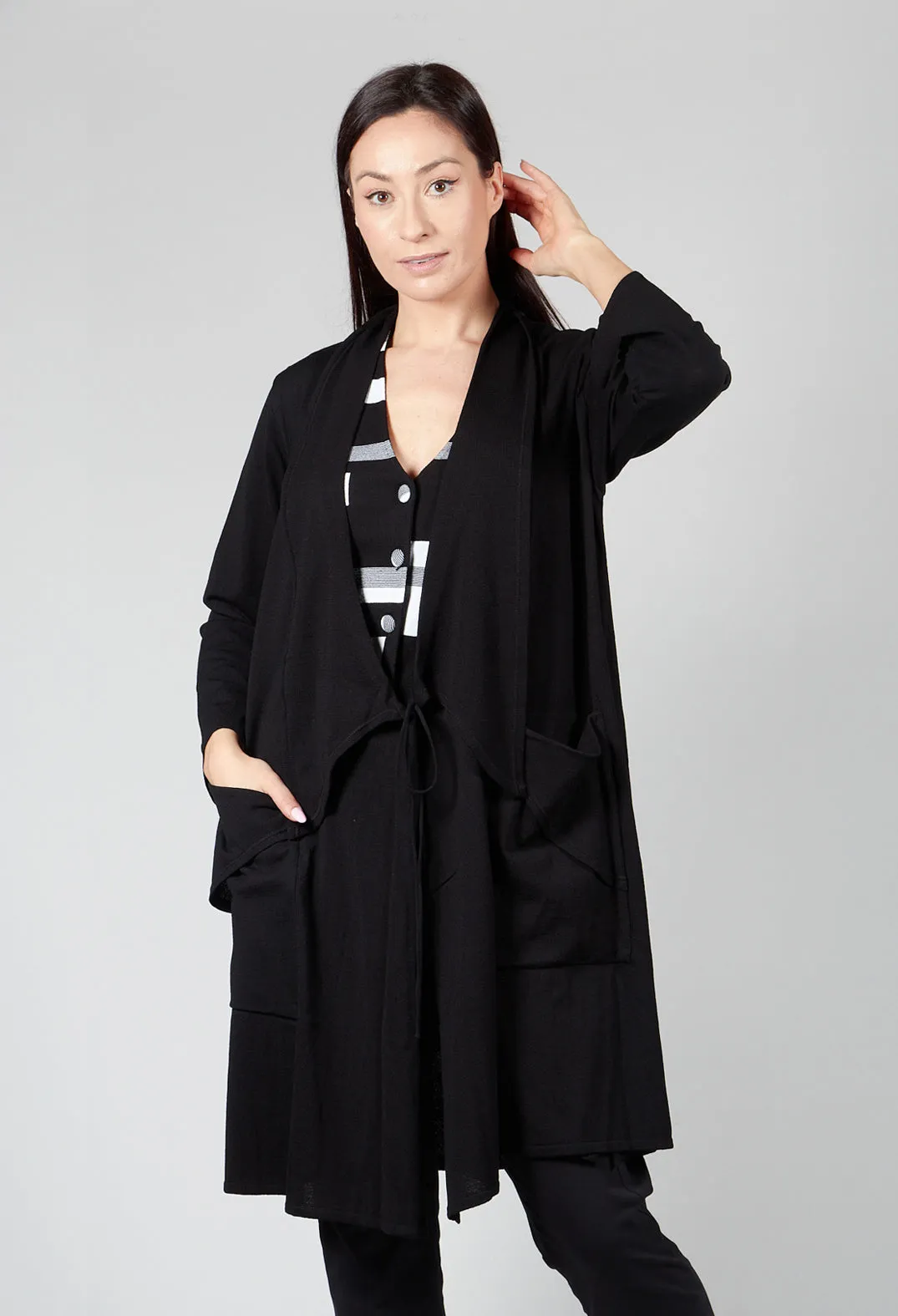 Longline Cardigan with Pockets in Black