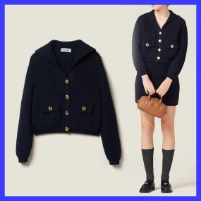 MiuMiu  |Wool Long Sleeves Plain Logo Cardigans