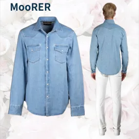 MOORER  |Street Style Long Sleeves Plain Cotton Logo Shirts