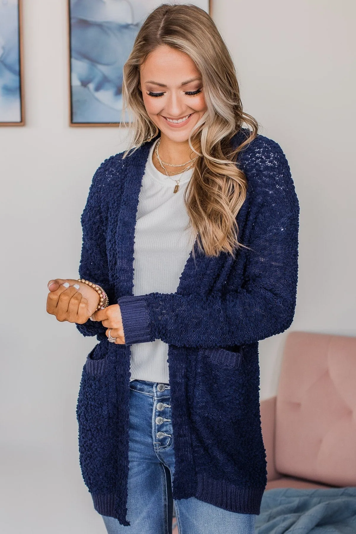 Movie Date Popcorn Knit Cardigan- Navy