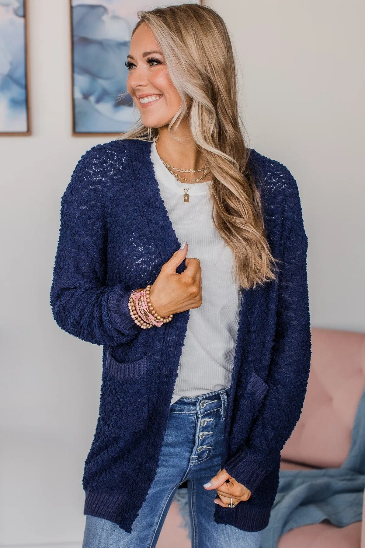 Movie Date Popcorn Knit Cardigan- Navy