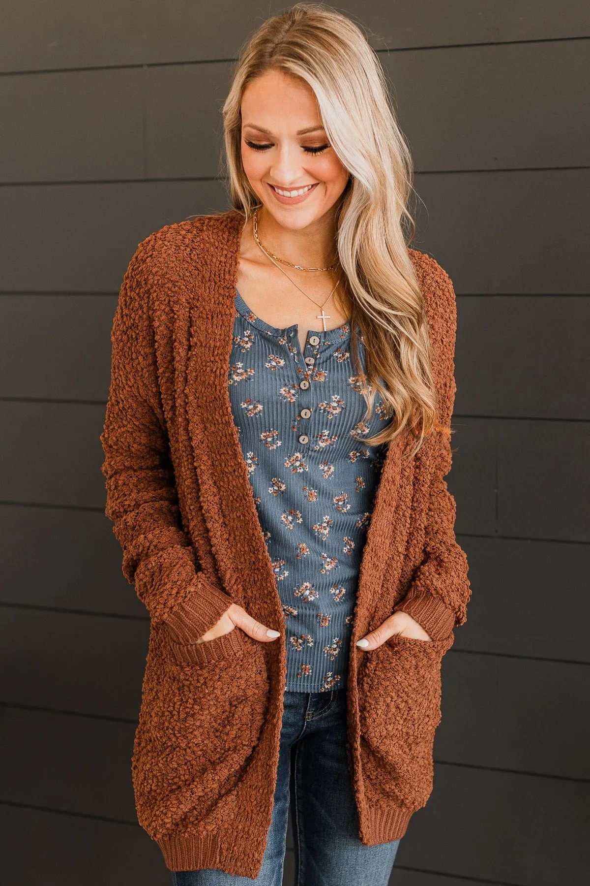 Movie Date Popcorn Knit Cardigan- Rust