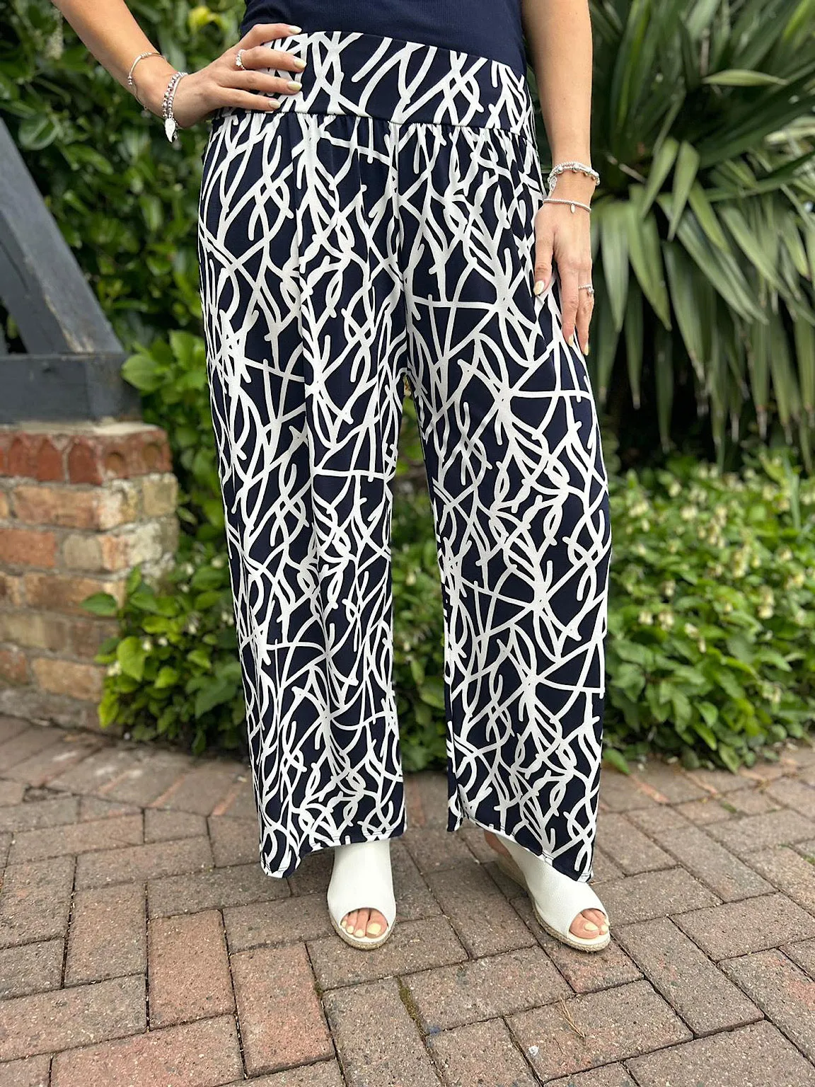 Navy Graphic Print Wide Leg Trousers