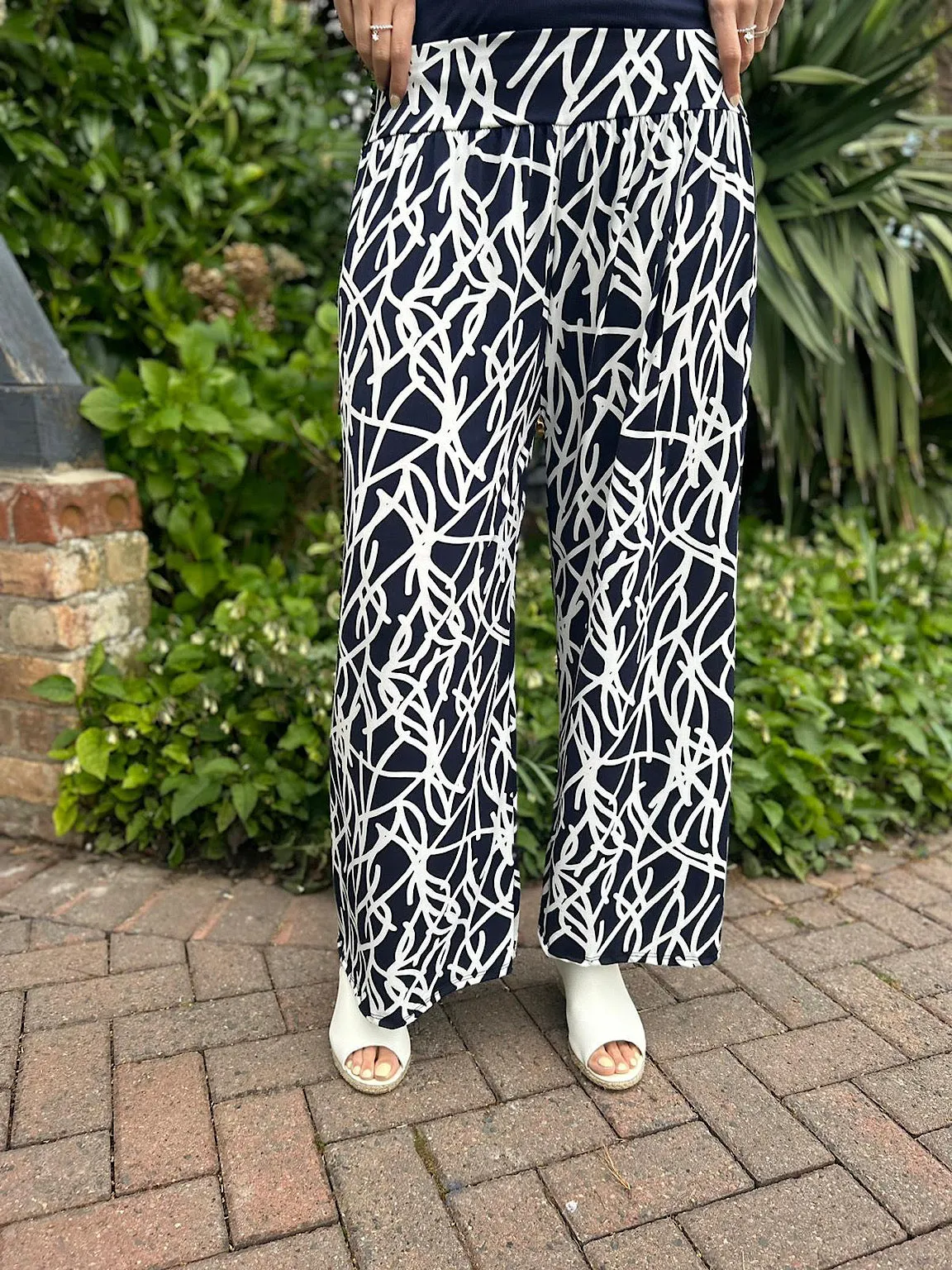 Navy Graphic Print Wide Leg Trousers