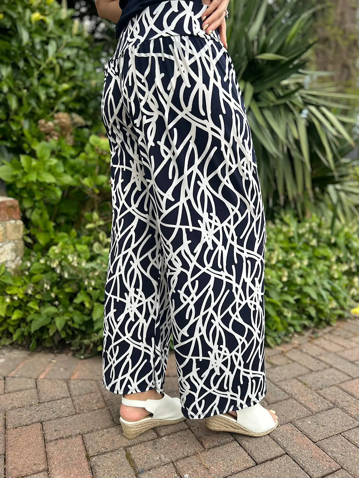 Navy Graphic Print Wide Leg Trousers