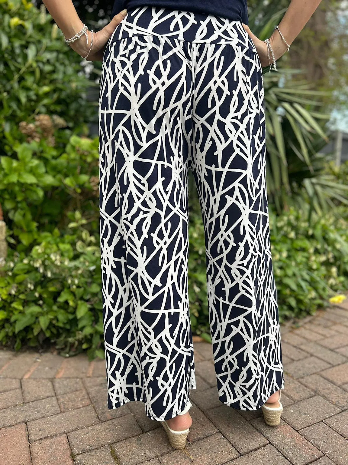 Navy Graphic Print Wide Leg Trousers