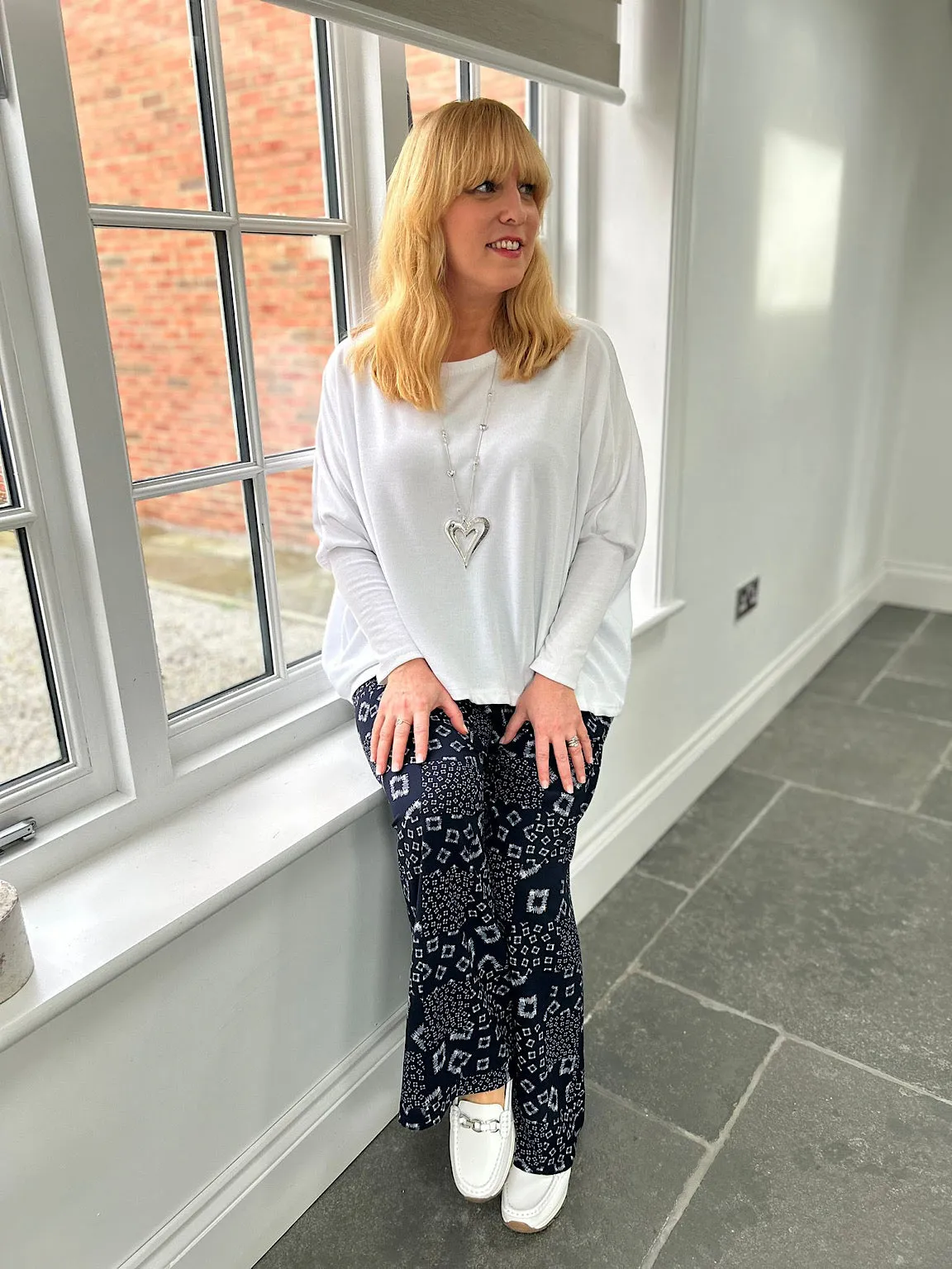 Navy Square Pattern Wide Leg Trousers