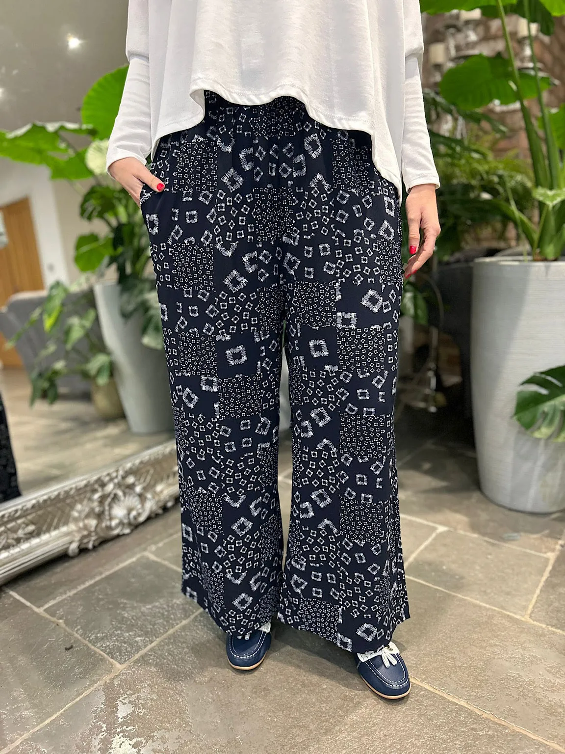 Navy Square Pattern Wide Leg Trousers