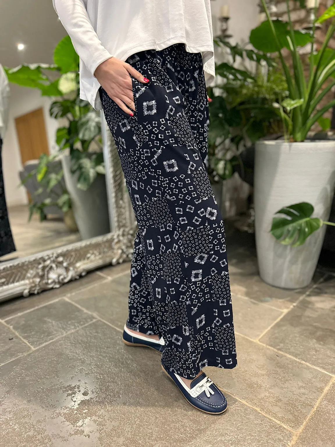 Navy Square Pattern Wide Leg Trousers