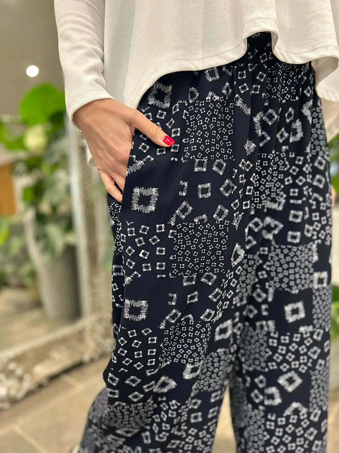 Navy Square Pattern Wide Leg Trousers