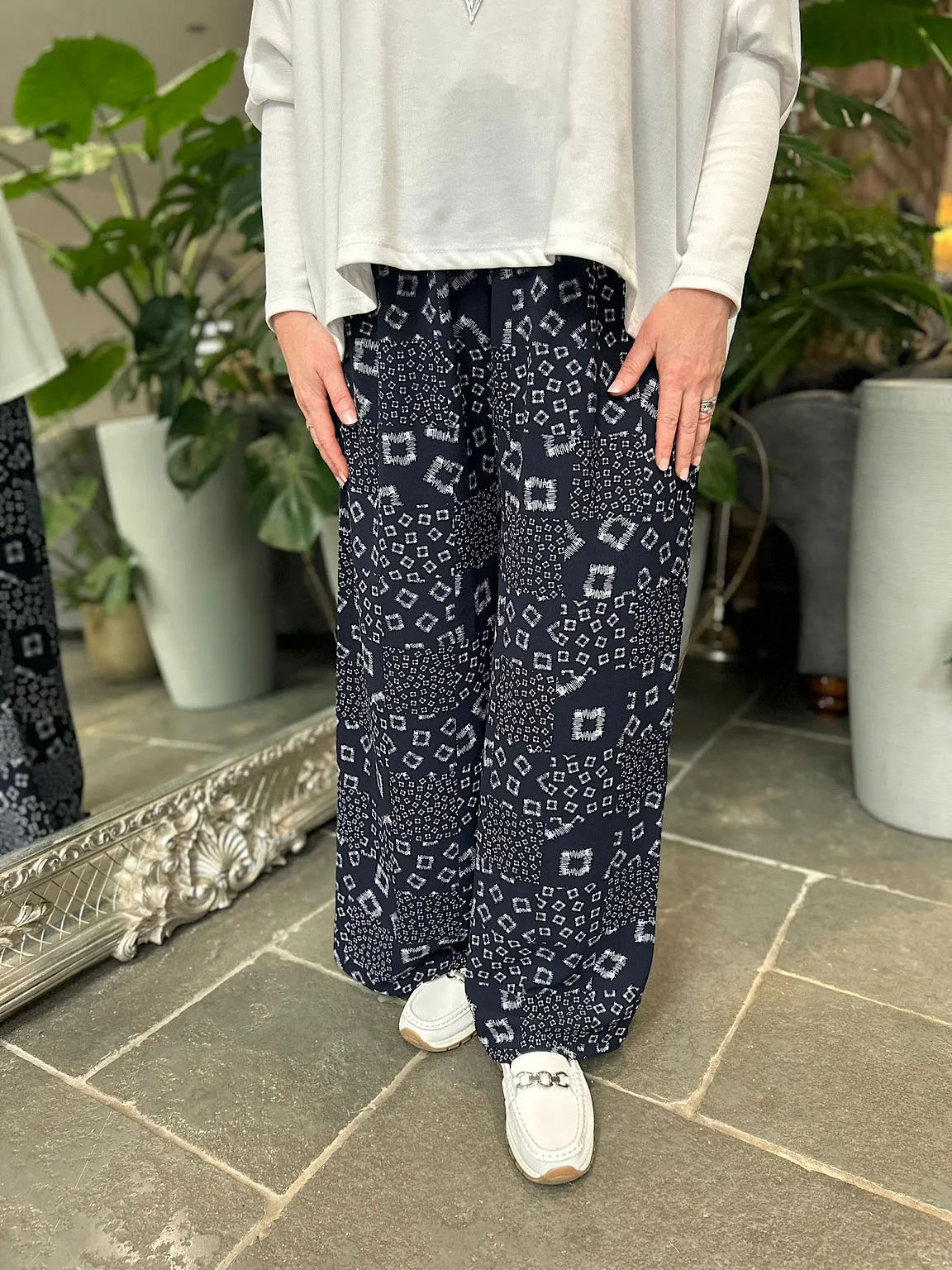 Navy Square Pattern Wide Leg Trousers