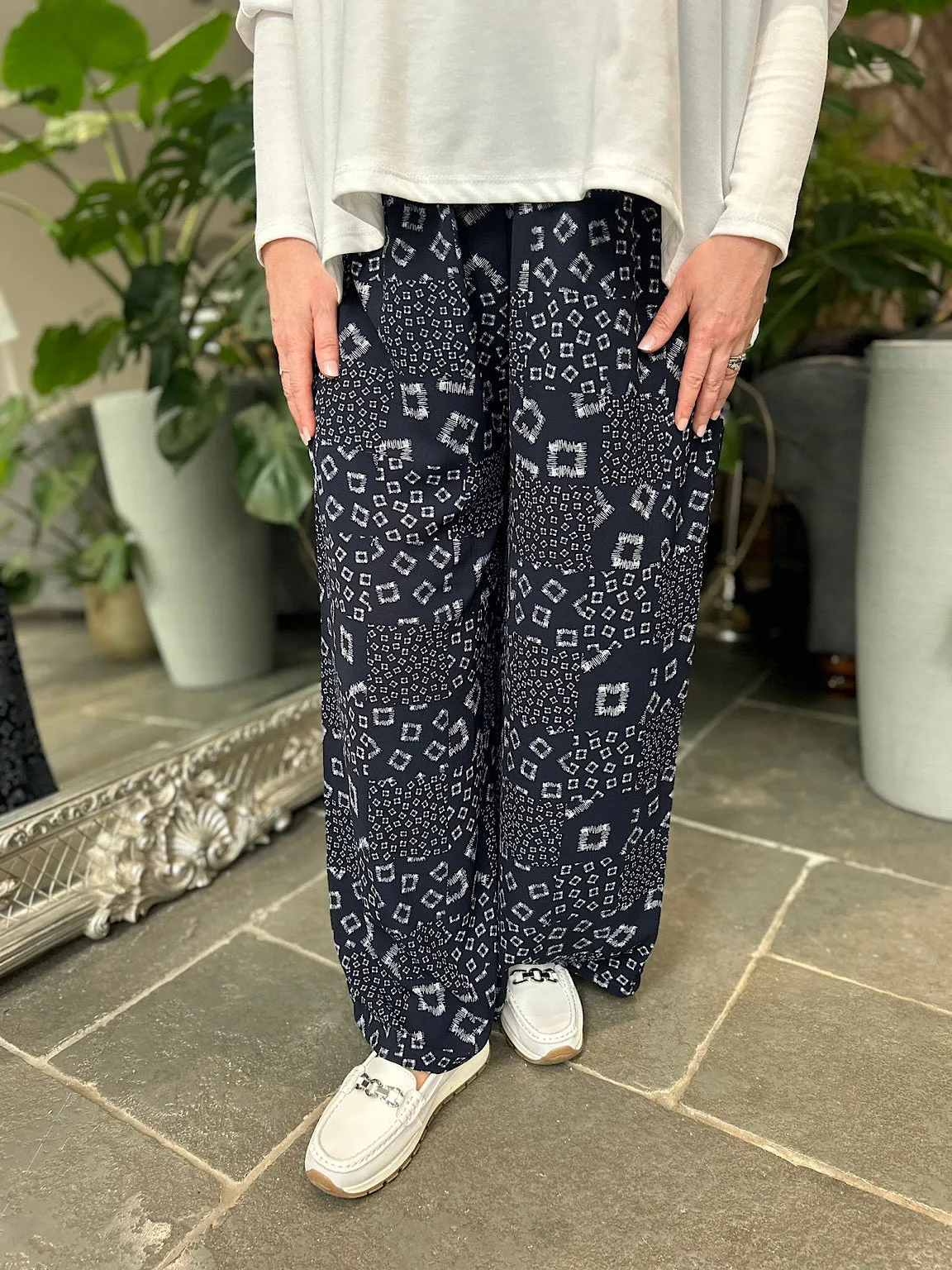 Navy Square Pattern Wide Leg Trousers