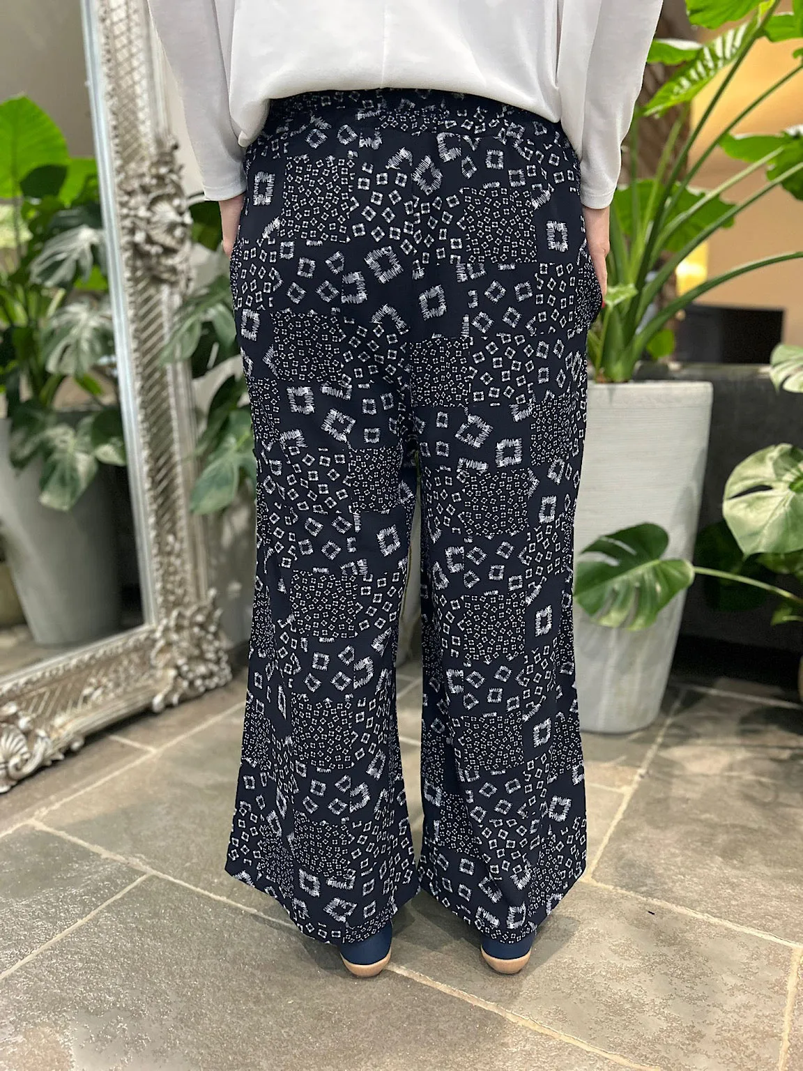 Navy Square Pattern Wide Leg Trousers