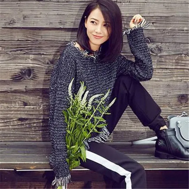 New Fashion Female Pullovers Knitted Long Sleeve O-neck Winter Irregular Bling Sweaters With Sequins 72052 GS