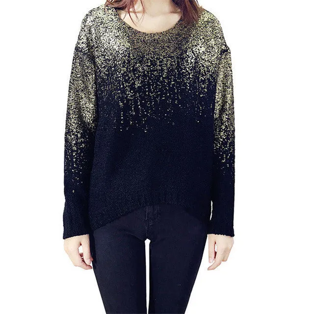 New Fashion Female Pullovers Knitted Long Sleeve O-neck Winter Irregular Bling Sweaters With Sequins 72052 GS