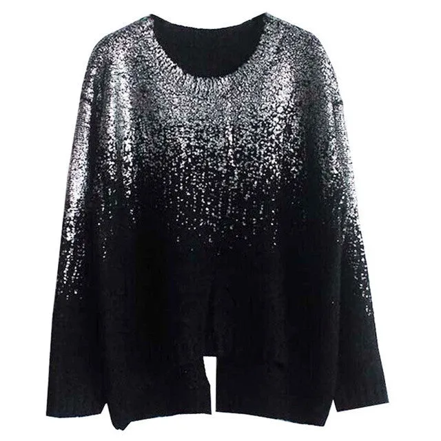 New Fashion Female Pullovers Knitted Long Sleeve O-neck Winter Irregular Bling Sweaters With Sequins 72052 GS