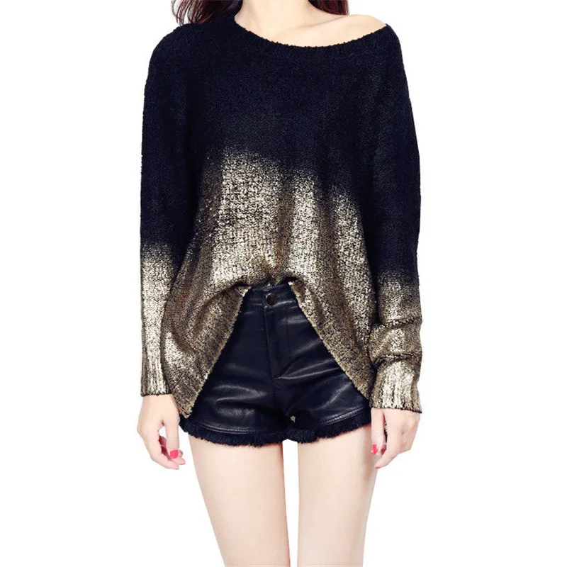 New Fashion Female Pullovers Knitted Long Sleeve O-neck Winter Irregular Bling Sweaters With Sequins 72052 GS