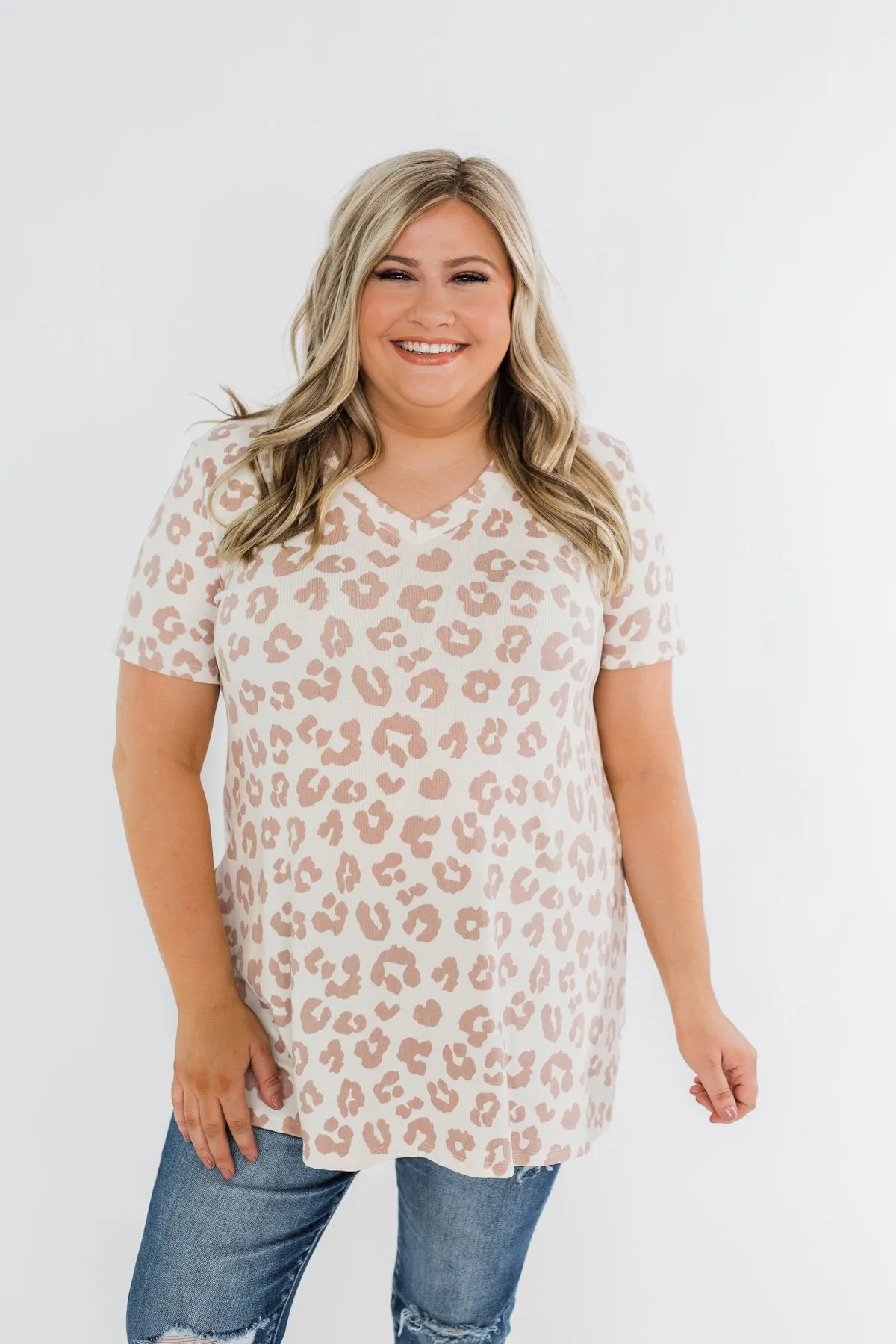 One Simple Wish Leopard V-Neck Top- Cream & Pale Taupe