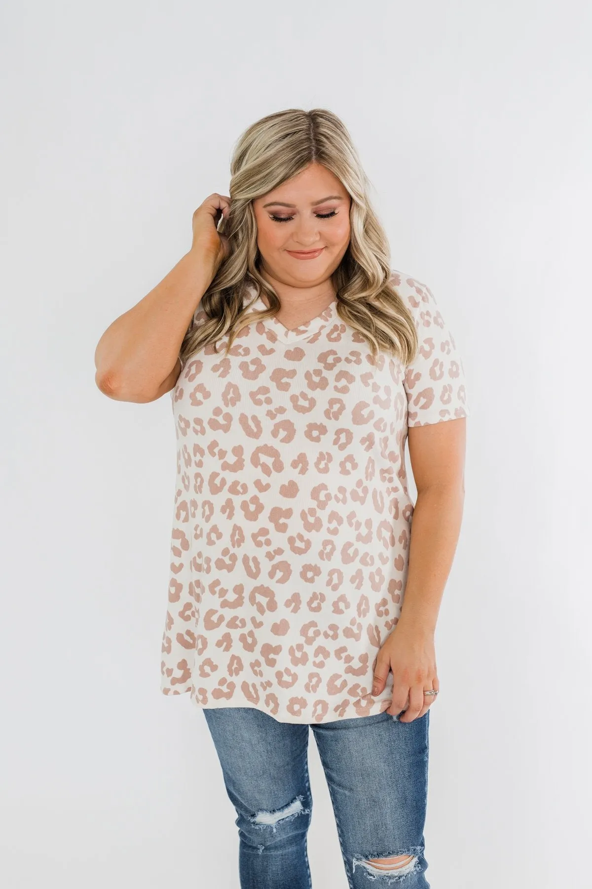 One Simple Wish Leopard V-Neck Top- Cream & Pale Taupe