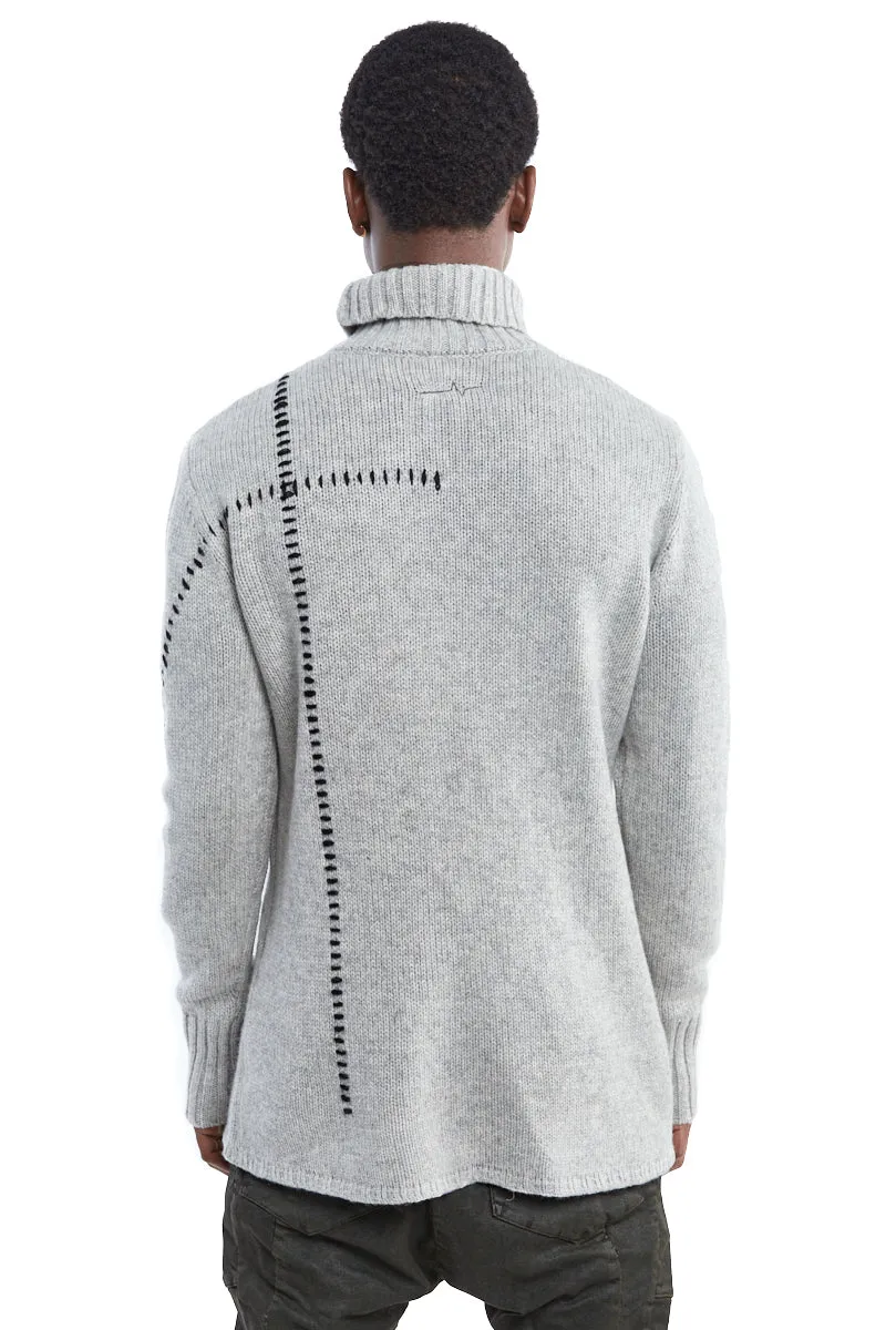 OYSTER GREY HIGH NECK STITCHING WOOL SWEATER