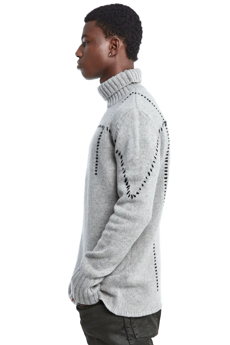 OYSTER GREY HIGH NECK STITCHING WOOL SWEATER