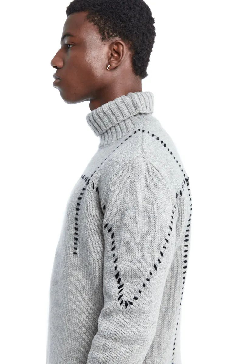 OYSTER GREY HIGH NECK STITCHING WOOL SWEATER