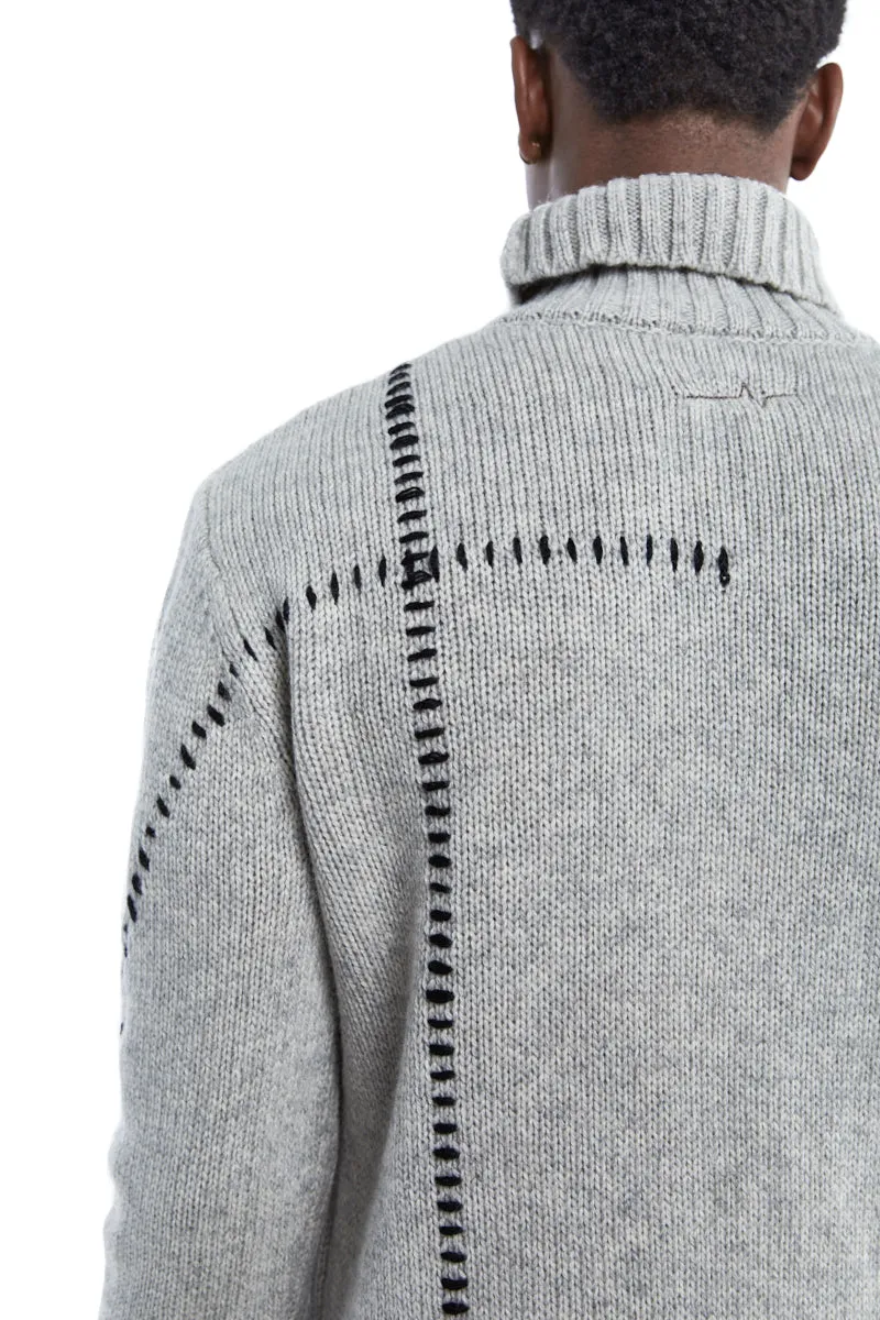 OYSTER GREY HIGH NECK STITCHING WOOL SWEATER