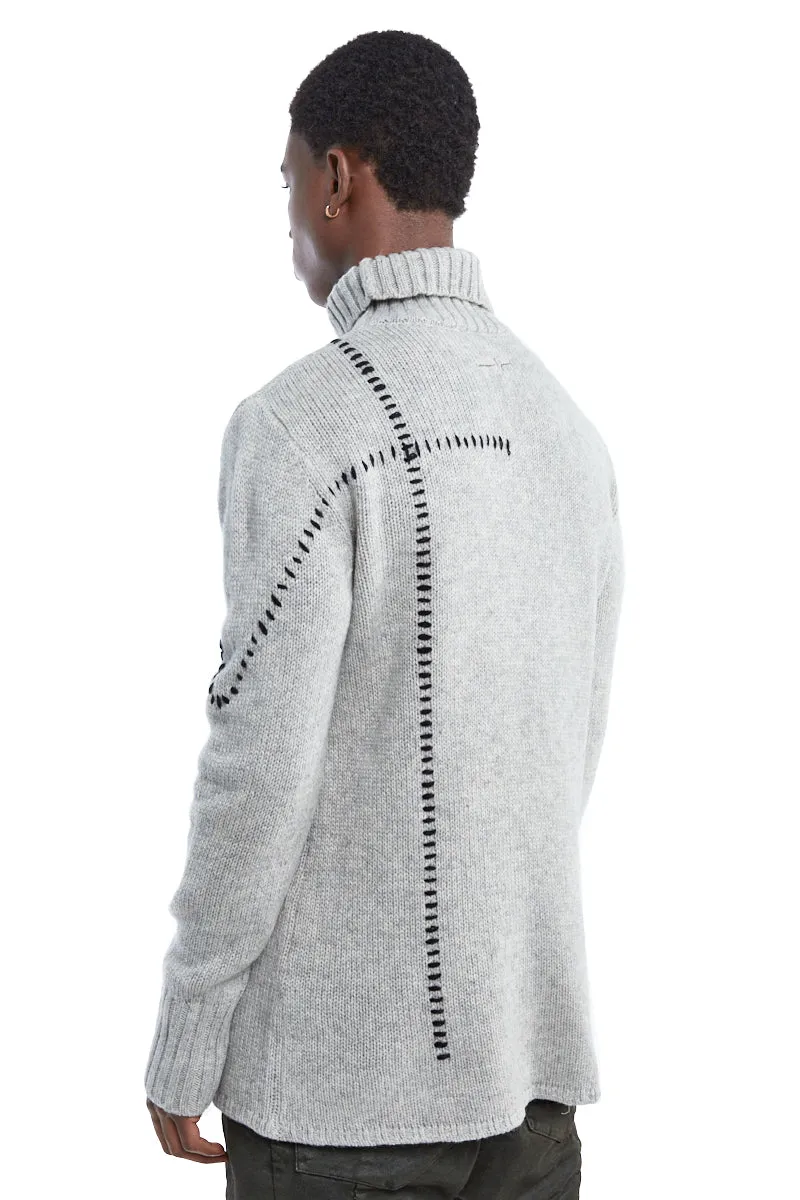 OYSTER GREY HIGH NECK STITCHING WOOL SWEATER