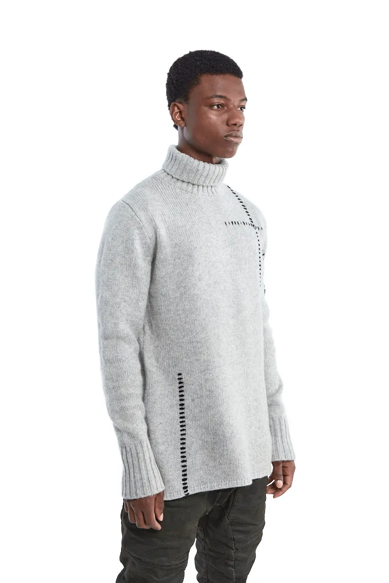 OYSTER GREY HIGH NECK STITCHING WOOL SWEATER