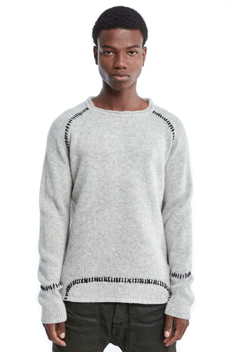 OYSTER GREY STITCHING WOOL SWEATER