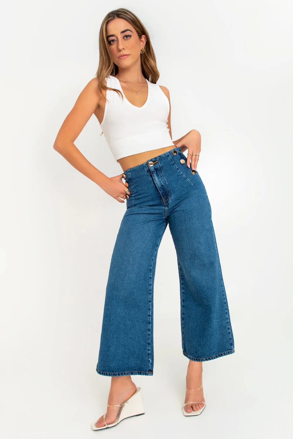 Pantalón marinero denim fit culotte con botones