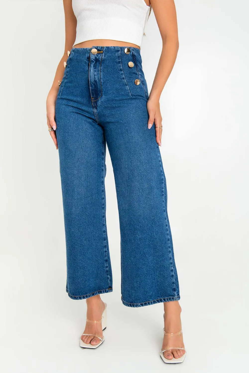 Pantalón marinero denim fit culotte con botones